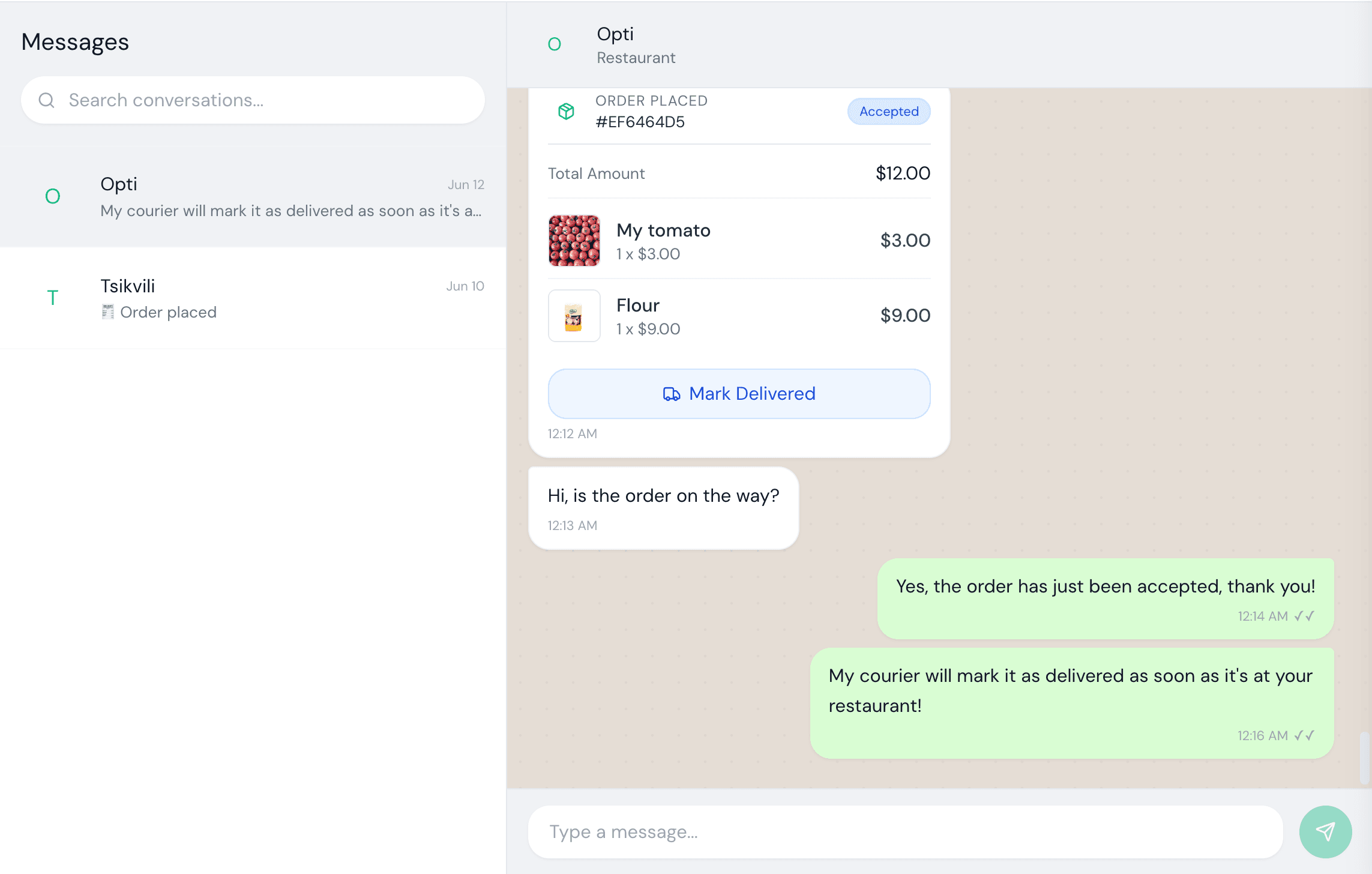 Ordering Interface Screenshot